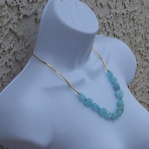 Handmade Necklace With Blue Quartz Free From Stones and Gold Plated Brass Tubes - Picture 16 of 16